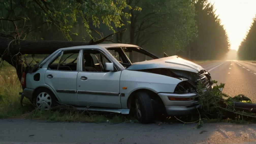 Разбитая машина запуталась в дереве на обочине проселочной дороги на рассвете