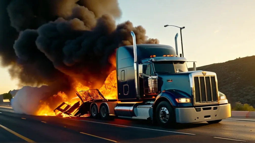 Грузовик загорелся после столкновения с бетонной стеной на повороте