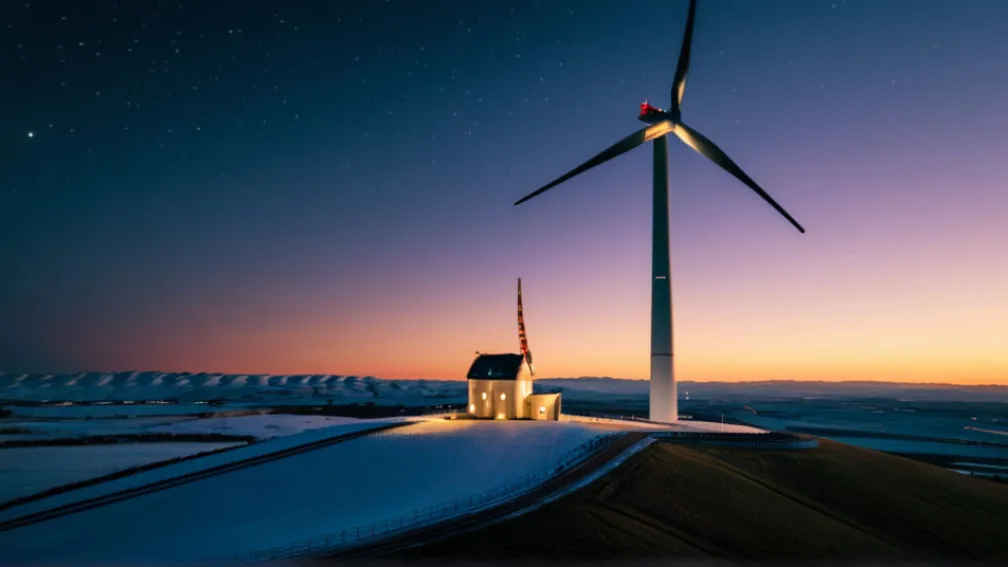 Саксонец установил гигантский рождественский швиббоген на ветряной турбине на высоте 140 метров