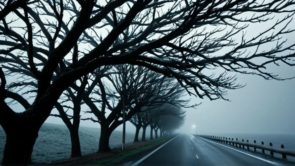 Фотореалистичное изображение ледяных дорог, капель ледяного дождя на голых ветках деревьев, густого тумана, скрывающего зимний пейзаж, и абстрактных узоров ветра, дующего над темным, неспокойным морем. Кинематографическое освещение, 8k, гиперреалистичное.
