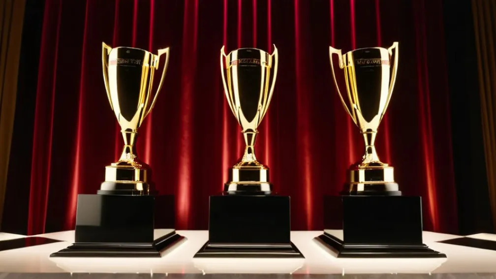 Элегантная церемония награждения: сцена с мерцающими огнями, абстрактные трофеи на пьедесталах, праздничная атмосфера в роскошном бальном зале отеля. Кинематографическое освещение, 8k, гиперреалистично.