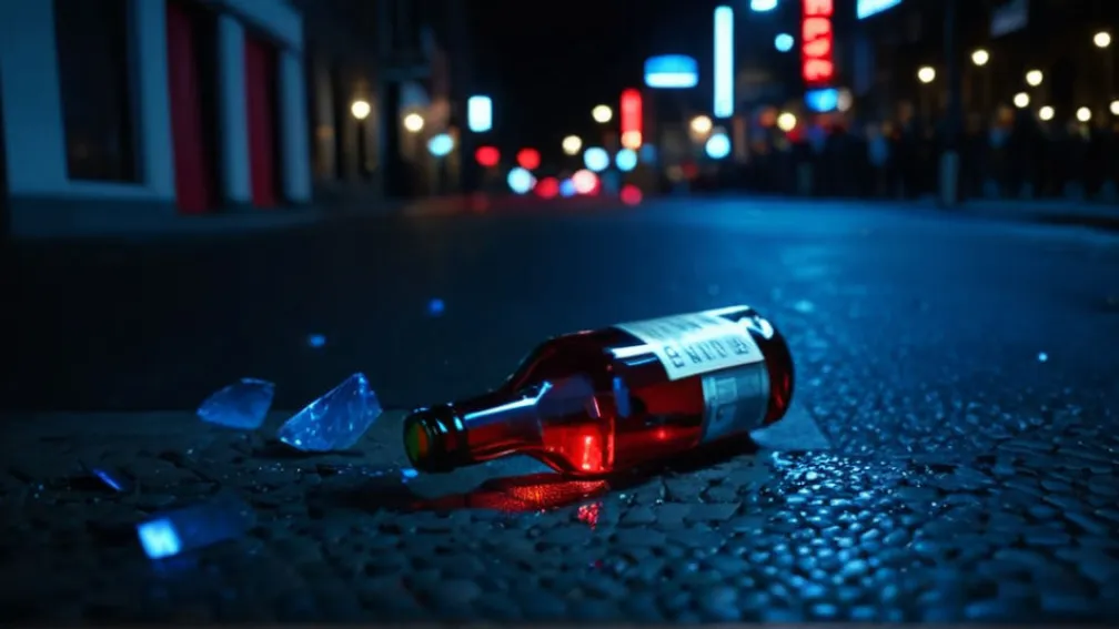 Сцена ночной городской жизни с мигающими синими и красными огнями, размытое движение, предполагающее динамичное событие, разбитая бутылка на земле, без людей и лиц, кинематографическое освещение, 8k, гиперреалистично.