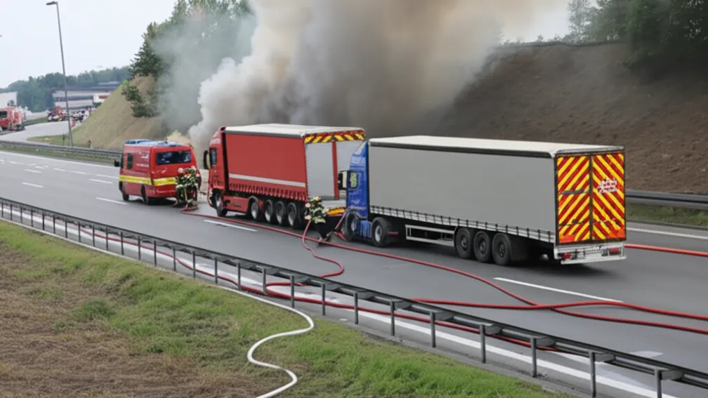Пожар грузового прицепа на трассе A73 в Эрлангене