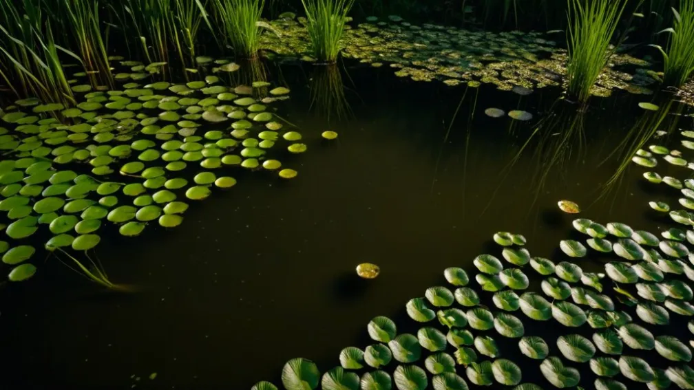 Экосистема илистого пруда с густой водной растительностью, едва заметной рябью на поверхности воды, скрытым ощущением уникальной водной жизни, кинематографическое освещение, 8k, гиперреализм.