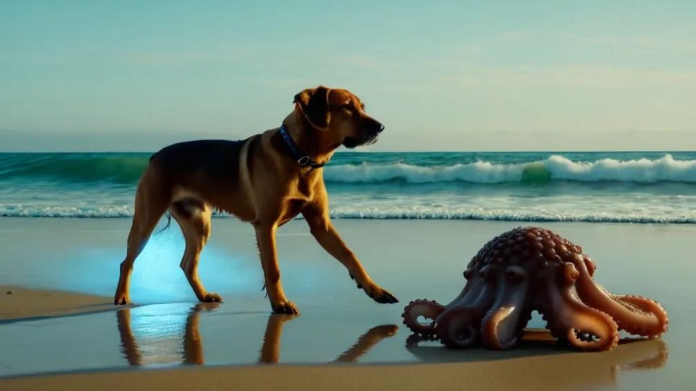 Необычная встреча на Тенерифе: пес и осьминог удивили очевидцев на пляже