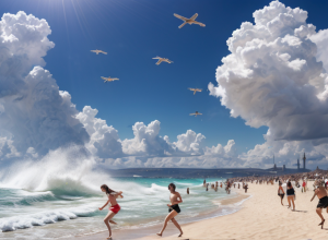 Мини-торнадо обрушилось на курортный пляж, вызвав панику и хаос: зонты взлетели в воздух