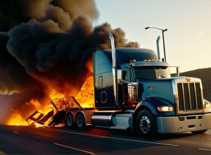 Грузовик загорелся после столкновения с бетонной стеной на повороте