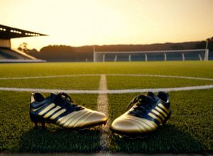 Фотореалистичное изображение заброшенного футбольного поля на рассвете, с золотым светом, освещающим единственную пару бутс, оставленных в центральном круге, символизируя возвращение и надежду. Кинематографическое освещение, 8k, гиперреалистичное.