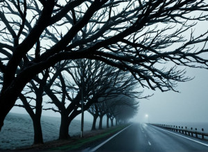 Фотореалистичное изображение ледяных дорог, капель ледяного дождя на голых ветках деревьев, густого тумана, скрывающего зимний пейзаж, и абстрактных узоров ветра, дующего над темным, неспокойным морем. Кинематографическое освещение, 8k, гиперреалистичное.