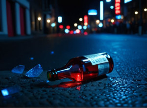 Сцена ночной городской жизни с мигающими синими и красными огнями, размытое движение, предполагающее динамичное событие, разбитая бутылка на земле, без людей и лиц, кинематографическое освещение, 8k, гиперреалистично.