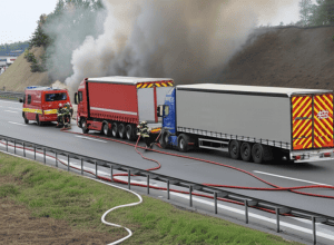 Пожар грузового прицепа на трассе A73 в Эрлангене