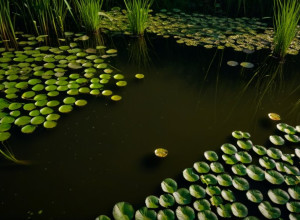 Экосистема илистого пруда с густой водной растительностью, едва заметной рябью на поверхности воды, скрытым ощущением уникальной водной жизни, кинематографическое освещение, 8k, гиперреализм.