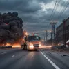 Грузовик с поднятым кузовом врезался в высоковольтную ЛЭП в Бельгии, оборвал провода и перевернулся