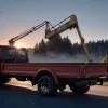 Грузовик врезался в автовышку на трассе: рабочий повис на страховке